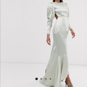 Satin fishtail maxi dress with dramatic sleeve